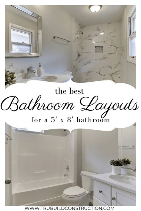 5x8 Bathroom Layout, 5x8 Bathroom, Master Bath Layout, Bathroom Layout Ideas, Small Full Bathroom, Small Bathroom With Shower, Small Bathroom Layout, Bathroom Plan, Bathroom Dimensions