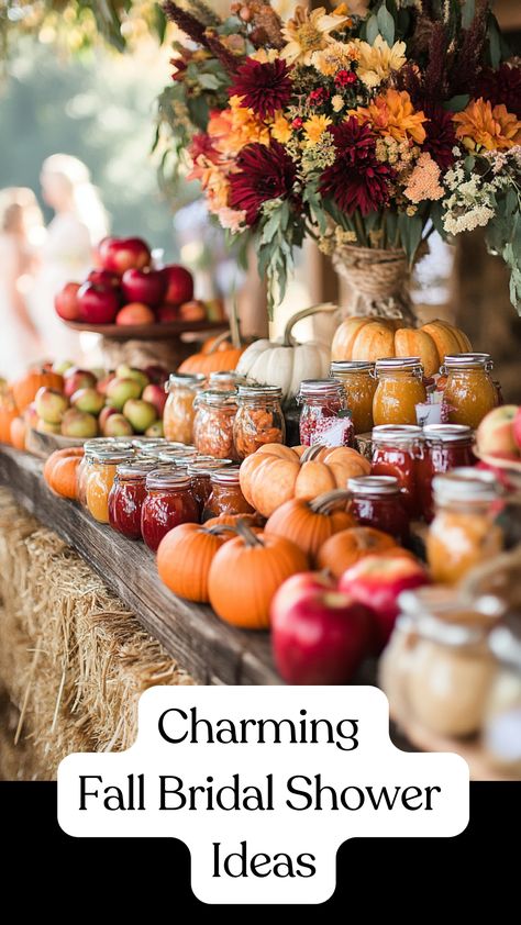 A cozy fall bridal shower with hay bales, apples, pumpkins, fall foliage, farm-to-table food, and mini jam or honey jars as favors. Pumpkin Bridal Shower Theme, Fall Theme Tea Party, Fall Wedding Shower Favors, Fall In Love Bridal Shower Ideas, Fall Bridal Shower Ideas, Fall Proposal, Fall In Love Bridal Shower, Tea Party Theme, Fall Bridal Shower