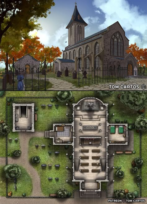 Church Battlemap, Scene Concept Art, Illustration Scene, Building Map, Dnd World Map, Dragons 5e, Fantasy World Map, Dungeon Master's Guide, Tabletop Rpg Maps