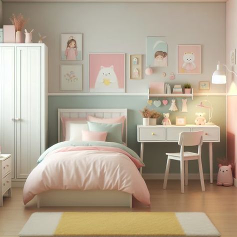 Explore a charming girl's room with pastel shades and cute decor Generated by AI. Girls Pastel Bedroom Ideas, Pastel Girls Bedroom, Modern Loft Bedroom, Loft Bedroom Decor, Green Kids Room, Small Room Girl, Green Kids Rooms, Pastel Girls Room, Cottagecore Living Room