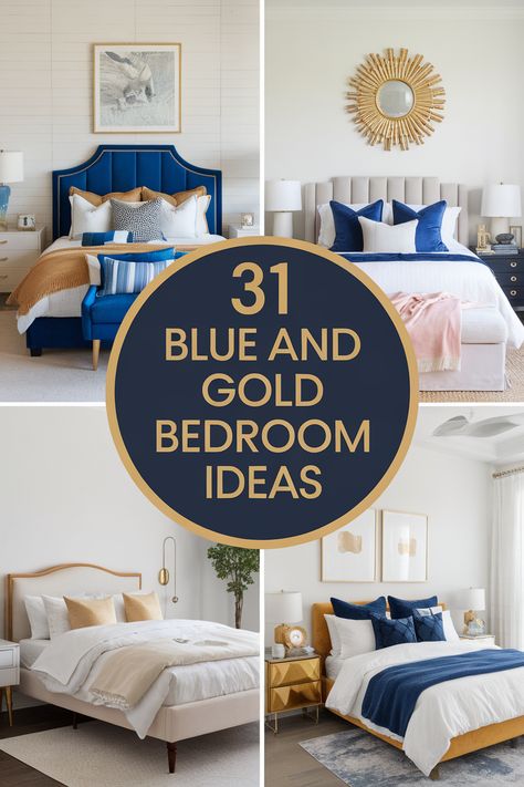 Design a luxurious blue and gold bedroom that reflects your personal style. Explore deep blue walls, gold accent furniture, and opulent metallic details. Discover navy velvet headboards, antique gold mirrors, and ornate light fixtures. Find inspiration for blue bedding with gold trim, gilded artwork, and plush blue carpets for a sophisticated and calming retreat. Blue Gold Grey Bedroom, Blue And Gold Master Bedrooms Decor, Navy Gold Bedroom Ideas, Navy Mustard Bedroom, Gold Paint Bedroom, Navy Blue And Gold Bedroom Ideas, Navy Headboard Bedroom, Blue Gold Bedroom Ideas, Blue White And Gold Bedroom