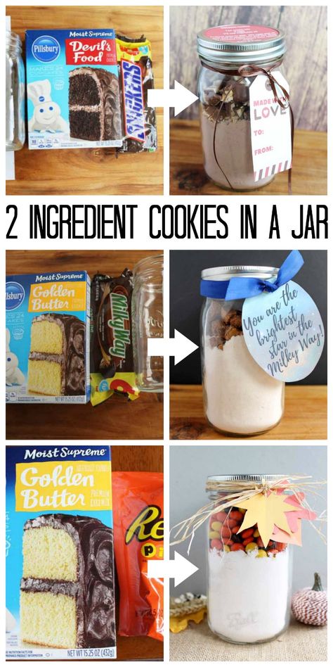 Jar Food Gifts, Mason Jar Gifts Recipes, Mason Jar Mixes, Cookie Jar Gifts, 2 Ingredient Cookies, Christmas Jar Gifts, Cookies In A Jar, Easy Gift Idea, Mason Jar Christmas Gifts