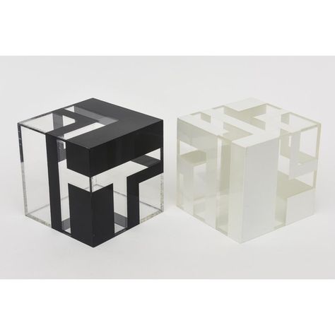 This pair of fabulous geometric square cube black, white and clear plastic or light lucite sculptures are interchangeable for placement and design. We do not know the origin nor the year but most likely more contemporary. They can be stacked or go side to side. They are very light in weight but interesting in form, artful, sculptural, dramatic and fun! Great decor. Cube Design Art, Square Sculpture Design, Cube Model Architecture, Formal Analysis, Cube Shaped Objects, Cube Sculpture Design, White Cube Gallery, Cube Project, Cube Installation Art