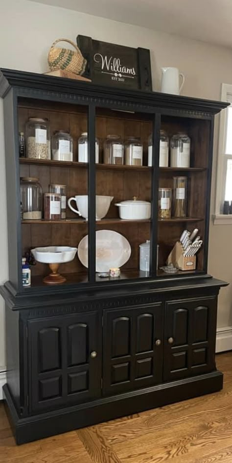 Painted Black China Cabinet, China Cabinet Before And After, Industrial China Cabinet, Black Hutch Makeover, Black China Hutch, Kitchen Hutch Makeover, Refinished Hutch, Refinished China Cabinet, Hutch Makeover Diy