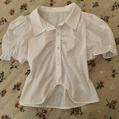 Puff sleeve button up blouse Puffy Sleeve Button Up, Frilly Button Up Shirt, Puffy Button Up Shirt, White Top With Puffy Sleeves, Puff Sleeve Button Up, White Puff Sleeve Shirt, Fancy White Shirt, Puffy Sleeve Top Outfit, Flowy Button Up Shirt