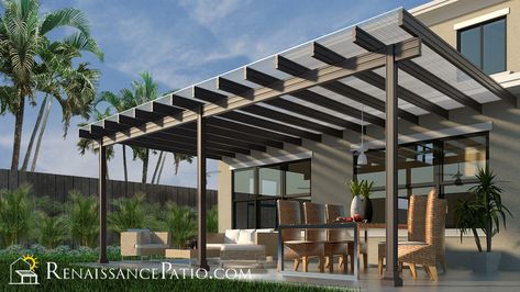 The Fresco Patio Cover System is a first of its kind. Using extruded, standing seam, polycarbonate roofing panels, originally designed for commercial greenhouse applications, attached to our stunning Pergola framing system with custom designed extrusion, we have been able to create a patio roof that is not only stunning, but incredibly strong, strong enough to resist up to 175mph winds and high snow loads.  #Poliycarbonate #Pergola #PatioRoof #Tampa #Fortmyers #Naples #Florida  #Jacksonville Shade Trellis, Pergola Design, Aluminum Pergola, Patio Cover, Wooden Playhouse, Deck With Pergola, Screened In Patio, Pergola With Roof, Patio Roof