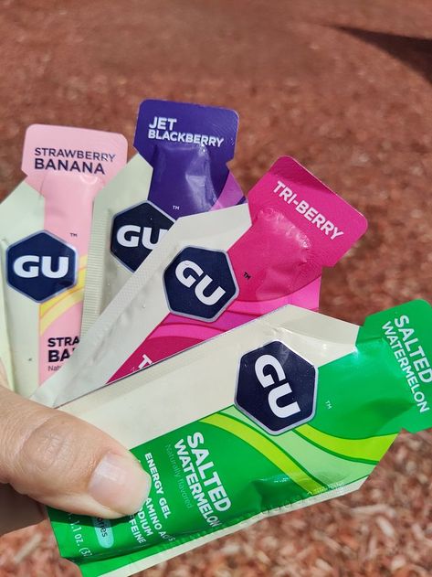 Multiple flavors of Gu Gel energy gels Running Gels, Energy Gel, Runners High, Gel Pack, Running Club, Strawberry Banana, Sports Nutrition, Vegan Gluten Free, Dairy Free