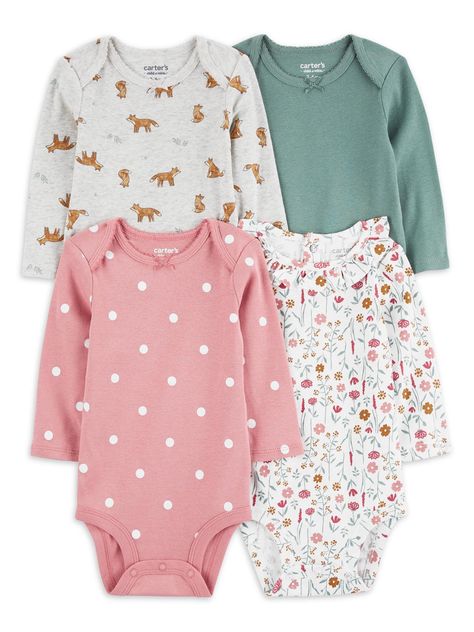 Arrives by Fri, Jan 26 Buy Carter's Child of Mine Baby Girl Bodysuit, 4-Pack, Sizes Preemie-18 Months at Walmart.com Carters Size Chart, Body Manga Longa, Baby Basics, Carters Girl, Cotton Bodysuit, Carters Baby, Girls Wardrobe, Baby Outfits, Unisex Baby