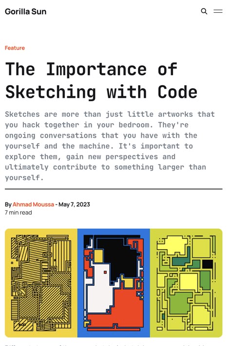 An image showing the header of a blog post. The blog post is about the importance of sketching with code. The excerpt reads: "Sketches are more than just little artworks that you hack together in your bedroom. They're ongoing conversations that you have with the yourself and the machine. It's important to explore them, gain new perspectives and ultimately contribute to something larger than yourself." Domino Effect Illustration, P5js Code, Creative Coding Art, Coding Graphic Design, P5js Art, Coding Illustration, Coding Art, Processing Code, Handwritten Logo Design