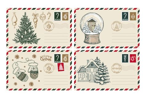 Christmas Mail, Christmas Envelopes, Vector Christmas, Diy Advent Calendar, Office Christmas Decorations, Christmas Packaging, Hand Drawn Illustration, Christmas Stamps, Postcard Design