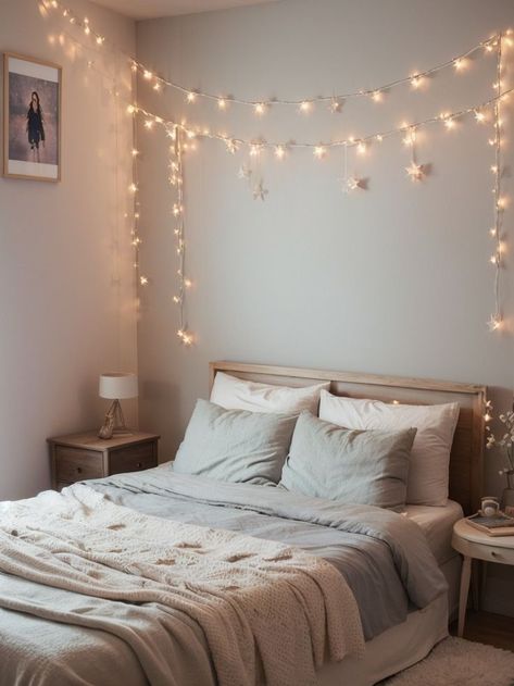 Nighttime Aesthetic, Wall Christmas Tree, Pillows And Blankets, Cozy Room, New Home Ideas, Anime Artwork, Muted Colors, Night Time, String Lights