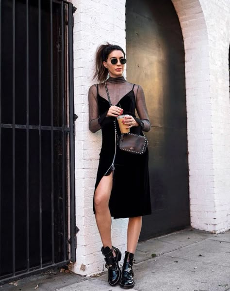 Shop the look from Brittany Xavier on ShopStyle How To Wear A Sheer Top, Mesh Shirt Under Dress, Black Sheer Dress Outfit, Velvet Slip Dress Outfit, Doc Martens Outfit Black, Sheer Dresses Outfit, Velvet Dress Outfit, Velvet Dresses Outfit, Slip Dress Outfit