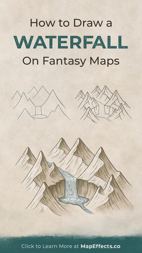 How to Draw a Waterfall on Your Fantasy Maps - Map Effects Tutorial - For Your Next RPG Campaign or Novel Fantasy Map Waterfall, Rice Map, Draw A Waterfall, Fantasy Map Drawing, Map Drawing Ideas, Fantasy Map Drawing Ideas, Map Effects, Map Building, Fantasy Journal