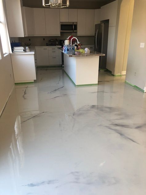 Epoxy Kitchen Floor, Epoxy Floor Basement, Epoxy Floor Designs, Epoxy Kitchen, Epoxy Resin Flooring, Metallic Epoxy Floor, Concrete Stained Floors, Concrete Coatings, Basement Flooring