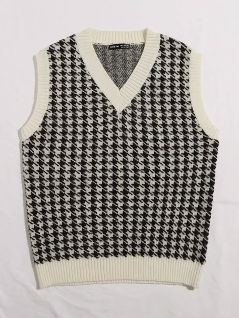 Shein Sweater, Houndstooth Sweater, Sleeveless Jumper, Cropped Pullover, Sweater Vest Women, Houndstooth Pattern, Pattern Sweater, Knitting Women, Knit Vest