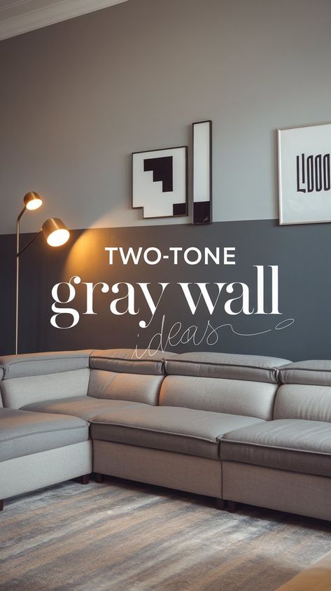 Transform your space with the elegance of two-tone gray walls! ???? Perfect for your living room or gray bedroom walls, these design ideas add depth and sophistication. Choose from a variety of grey paint colors to create the ideal ambiance. The right room paint colors can change the feel of your space—especially with a striking blue gray paint color accent! Which style is your favorite? #gg #homedesigninsider #twotonegraywalls Gray Wall Basement Ideas, Best Accent Colors For Grey Walls, Living Room Designs Gray Walls, Light Gray Accent Wall, Gray Paint Colors For Living Room, 2 Tone Living Room Walls Paint Colors, Grey Feature Wall Living Room, Two Tone Walls Living Room, Grey Wall Paint Ideas