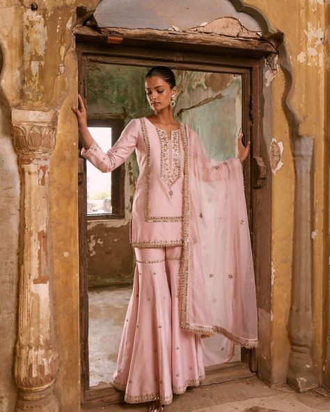 Ethnic Wear Shop in New Delhi Blush Pink Sharara, Flared Sharara, Priyanka Singh, Pink Sharara, Mirror Embroidery, Desi Fits, Potli Bag, Short Kurta, Kurta Set For Women