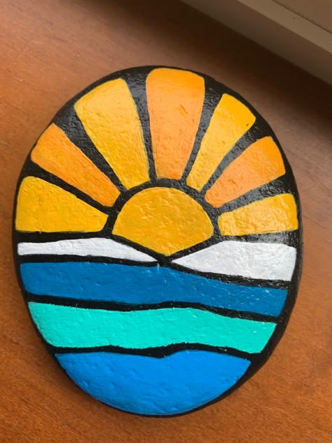 Rock Painting Ideas With Names, Sunrise Rock Painting Ideas, Sunset Rock Painting Easy, Painted Rock Ideas For Garden, Outdoor Rock Painting, Coloring Rocks Ideas, Cute Rocks Painted Ideas, Colorful Rock Painting, Painting Ideas For Rocks