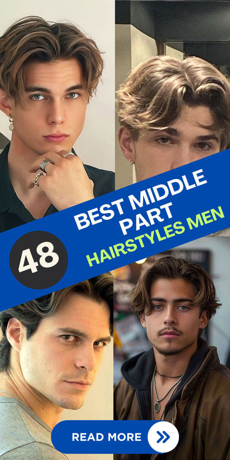 Looking for a fresh look? Check out these 48 middle part hairstyles for men, perfect for achieving a sleek, modern style. #MiddlePartHairstyles #MensHaircuts #MiddlePartMen Men Long Hairstyles Middle Part, Hairstyles For Oval Faces Men, Long Hair Men Medium Layered Hairstyles Middle Part, Classic Middle Part Men, Mens Brush Back Hairstyle, Men Hairstyles Middle Part, Mens Haircut Curtain Bangs, Modern Middle Part Men, Centre Parting Hairstyles Men