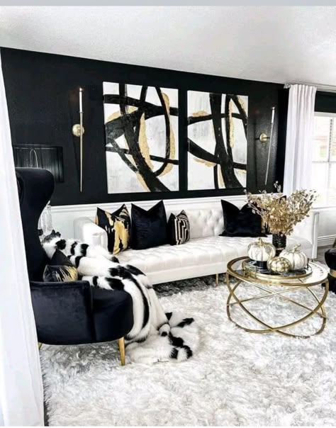 Center Window Living Room, Black And White Living Room Luxury, Champagne And Black Living Room, Trendy Living Room Decor Colorful, Good And White Living Room, White And Black Living Room Ideas Modern, White Black And Gold Home Decor, Modern Black And Gold Living Room, Beautiful Homes Interior Decor Ideas