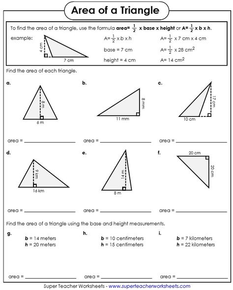 Area of Triangles Worksheet Perimeter Of Triangle, Area Of Triangles, Area Of A Triangle, Trigonometry Worksheets, Triangle Math, Finding Area, Area Worksheets, Perimeter Worksheets, Triangle Worksheet