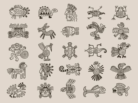 Mexican Animals Illustration, Aztec Animal Art, Mexican Folk Tattoo, Azteca Drawing, Aztec Symbols Tattoo, Maya Tattoo Mayan Symbols, Colombian Symbols, Mexican Symbols Tattoo, Mayan Illustration