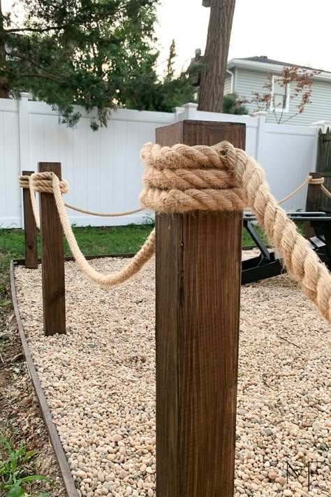 Nautical Rope Decor, Rope Fence, Nautical Outdoor Decor, Rope Railing, Lake Landscaping, Outdoor Handrail, Outdoor Pool Area, Beach Patio, Railings Outdoor