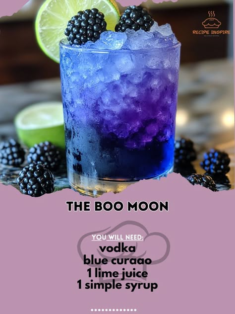 🌙✨ Unleash the magic of The Boo Moon cocktail! Perfect for spooky gatherings and Halloween fun. 🎃🍸 The Boo Moon Ingredients: - 2 oz vodka - 1 oz blue curaçao - 1/2 oz lime juice - 1/2 oz simple syrup - 4-6 blackberries - Ice Instructions: 1. In a cocktail shaker, muddle blackberries. 2. Add vodka, blue curaçao, lime juice, simple syrup, and ice. 3. Shake well and strain into a chilled glass. 4. Garnish with blackberries or a lime wheel. 👻 Dive into the mysterious world of The Boo Moon coc... Witchy Cocktail Recipe, Halloween Drink Recipes Alcoholic, Muddled Cocktail, Gothic Cocktails, Whimsical Cocktails, Magical Cocktails, Movie Themed Cocktails, Simple Vodka Cocktails, Witchy Food