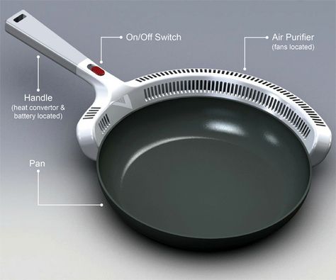 The concept is simple; eliminating annoying cooking fumes right at the source and converting it to a refreshing gust of air. The approach is to add an electronic purifying element straight on the pan’s rim and doing away with conventional hoods. Pan Cooking, Fragrance Photography, Kitchen Green, Quirky Kitchen, Future Kitchen, Frying Pans, Cool Electronics, Green Technology, Smart Kitchen