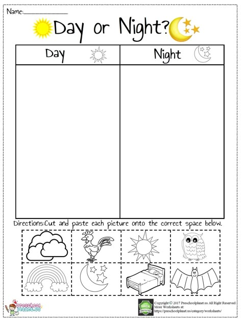 Today we prepared a worksheet about day and night. There are pictures which are about day and night. Show the pictures to students or your kids and want them to paste to its corresponding blank. This day and night worksheet is in pdf format and downloadable. You can freely print for your kids or students. Day And Night Worksheet, Teaching Night, Kindergarten Math Worksheets Free, Free Kindergarten Worksheets, Time Worksheets, Kindergarten Worksheets Printable, Worksheet For Kids, Printable Preschool Worksheets, Learning Worksheets