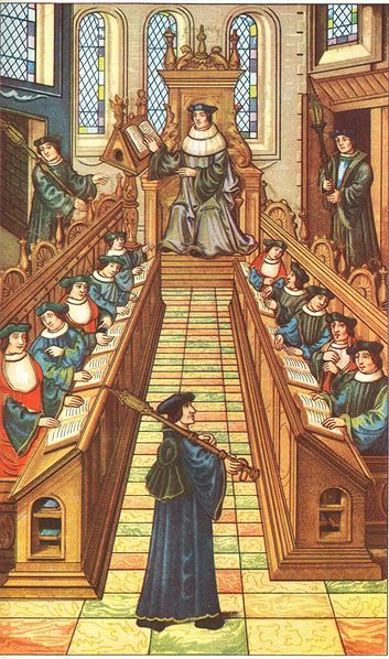 A meeting of doctors at the university of Paris. From a medieval manuscript of "Chants royaux". Bibliothèque Nationale, Paris. Medieval University, University Of Paris, High Middle Ages, Medieval Ages, Medieval Tapestry, Late Middle Ages, Medieval Life, Medieval Manuscript, Medieval Times