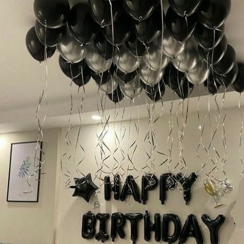 Happy Bday Room Decoration, Black And Silver Birthday Decorations Hotel, House Of Balloons The Weeknd Party Theme, Happy Birthday Balloons For Men, Happy Birthday Decoration Ideas For Men, Black Birthday Decorations For Men, Black And White Party Aesthetic, House Of Balloons Party, Black Birthday Party Aesthetic