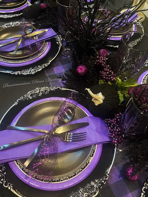 Purple Black Party Theme, Pastel Goth Wedding Theme, Black Purple Wedding Decor, Black And Purple Goth Wedding, Wedding Ideas Black And Purple, Halloween Wedding Ideas Purple And Black, Black And Purple Table Decor, Black And Purple Themed Wedding, Gothic Quinceanera Decorations