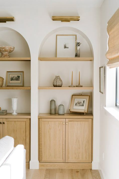 Double Arch Built Ins, Arch Recess In Wall, Arched Alcove Shelves, Built Ins High Ceiling Living Rooms, Arch Cupboard Design, Arch Shelf In Wall Built Ins, Arch Storage Wall, White Oak Living Room Built Ins, White Oak Built In Cabinet