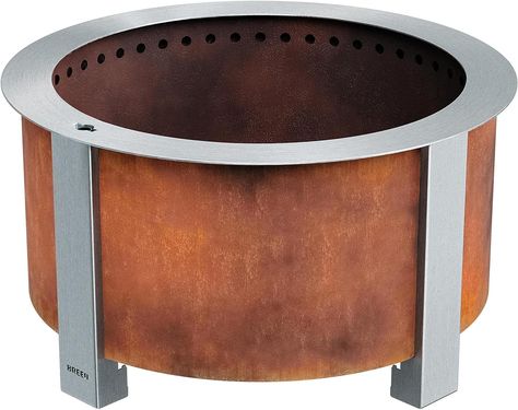 Choose your finish!  Corten Steel will arrive in a blue steel finish that naturally changes to Patina (shown) as it develops over time. Also available in Stainless Steel!  Both will last a lifetime!! Check out the additional accessories available to add to this fire pit!  Follow me for more great nuggets and shopping tips! Smokeless Fire Pit, Backyard Bonfire, Steel Fire Pit, Fire Pit Cover, Wood Burning Fire Pit, Wood Burning Fires, Corten Steel, Cooking On The Grill, Outdoor Heating