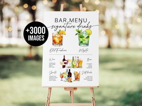 Signature Drinks Sign Bar Menu Template Minimalist Printable - Etsy Sweden Signature Drink Wedding, Signature Drink Menu, Cocktail Signs, Drink Wedding, Mobile Bartending, 300dpi Images, Wedding Bar Menu Sign, Bar Menu Template, Signature Drink Sign