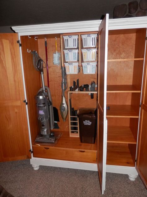 Organize and Storage - Reclaimed Pine Cabinet Into a Cleaning Station. Cleaning Station, Pine Cabinet, Utility Closet, Pine Cabinets, Broom Closet, Utility Cabinets, Vacuum Storage, Cleaning Closet, Laundry Mud Room