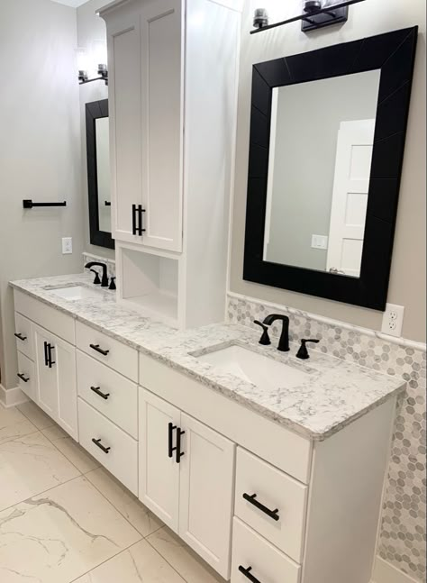 Double sink master vanity. LG Rococo Quartz countertop. Master Bath Vanity Double Sinks, Double Vanity Bathroom White Cabinets, Double Single Vanity Bathroom, Bathroom With 3 Sinks, Master Shower Insert Ideas, Double Vanity Remodel Ideas, Ensuite Bathroom Double Vanity, Bathroom Master Remodel, Long Master Vanity