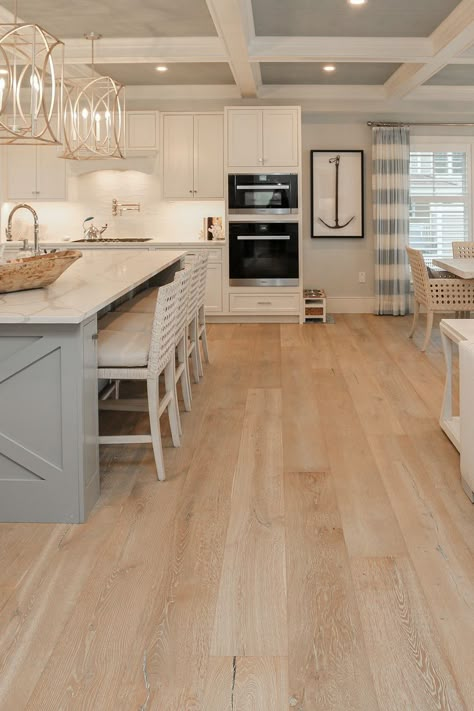 New England White Kitchen, Country White Floors, Light Hardwood Floors Kitchen White Cabinets, Natural Wood Floor Kitchen, Light Color Hardwood Floors Living Rooms, Kitchen Ideas Light Floors, Kitchen Inspo Light Floors, Beach Wood Kitchen, Modern Coastal Farmhouse Flooring