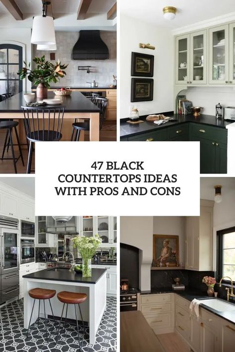 black countertops ideas with pros and cons cover Black Or White Countertops, Black Counters And Backsplash, Black Countertops With White Cabinets, Black Countertops Backsplash Ideas, Black Countertops Kitchen Ideas, Contrast Cabinets, Black Countertops Kitchen Color Schemes, Black And White Granite Countertops, Kitchen Ideas With Black Countertops