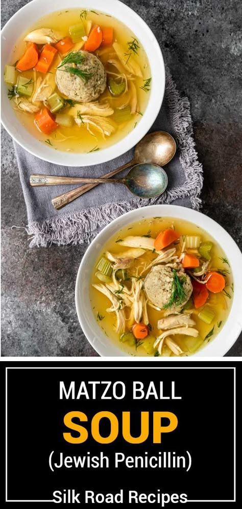 Matzo Ball Soup, also known as Jewish penicillin, is filled with hearty matzo balls, chicken, and tons of veggies. It’s warm and comforting! Chicken Noodle Matzo Ball Soup, Jewish Soup Matzah Ball, Chicken And Matzo Ball Soup, Slow Cooker Matzo Ball Soup, Homemade Matzo Ball Soup Recipe, Chicken Matzah Ball Soup, Kosher Soup Recipes, Matzoh Ball Soup Recipes, Chicken Soup Jewish