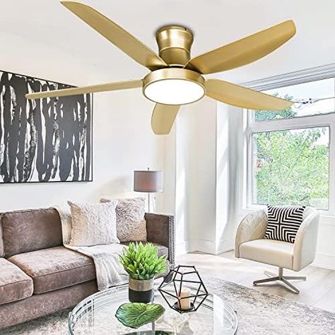 Gold Ceiling Fan With Light, Bedroom Ceiling Fans, Gold Ceiling Fan, Low Profile Ceiling Fan, Ceiling Fan With Lights, Cozy Den, Large Ceiling Fans, Ceiling Fan Light Kit, Gold Ceiling