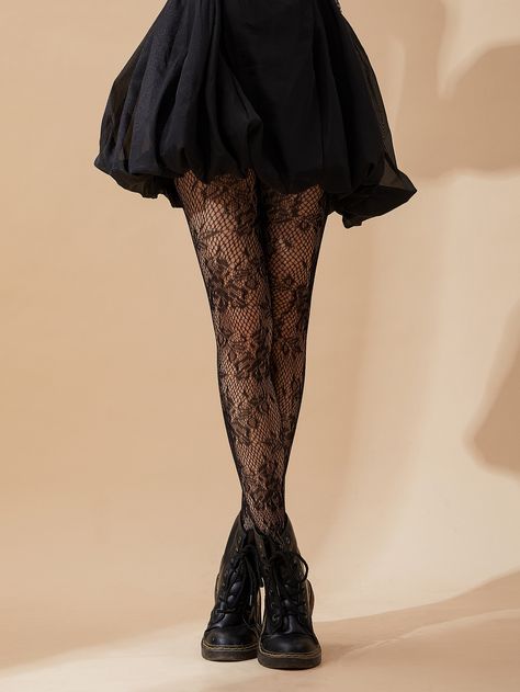 Flower Pattern Fishnet Black TightsI discovered amazing products on SHEIN.com, come check them out! Cute Tights, Lace Tights, Patterned Tights, Fishnet Tights, Fashion Tights, Women Socks, Tights Outfit, Womens Tights, Edgy Outfits