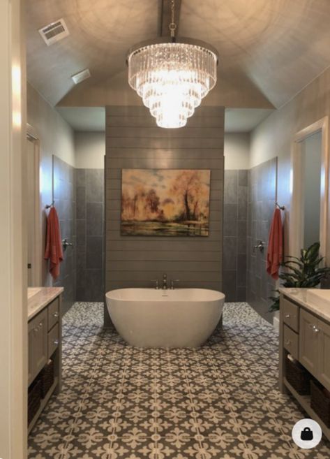 Not a fan of the curvy ceiling sitch, but I love the tub being in front and a custom his and her shower behind it and a chandelier over the tub. Luxury Master Bath, Modern Master Bath, Luxury Bathroom Design, Modern Luxury Bathroom, Master Bath Remodel, Bathroom Design Luxury, Dream Bathrooms, Dream Bathroom, House Bathroom