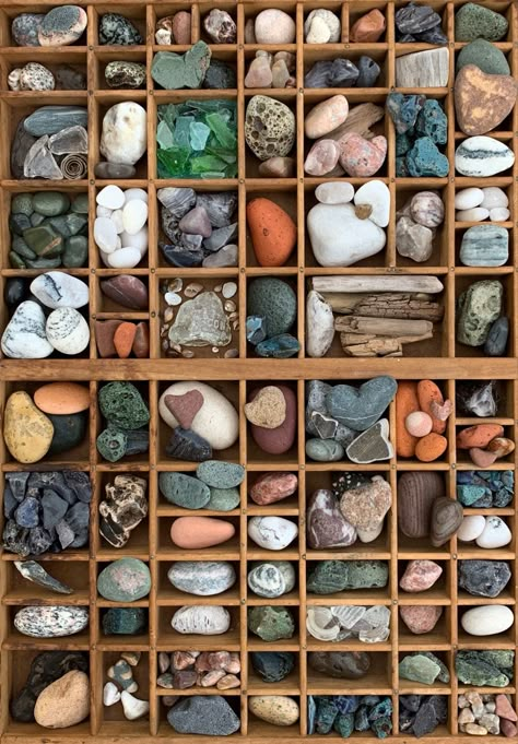 Creative Ways To Display Rock Collection, Small Knick Knack Display Ideas, How To Display Rocks Collection, Display Rocks Ideas, Outdoor Rock Collection, Rock Storage Ideas, Beach Combing Art, Ways To Display Rocks, Nature Collection Display