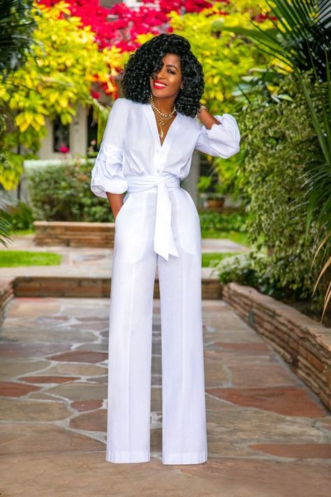 Style Pantry | FKSP White Button-Down Jumpsuit 24 Birthday, White Party Outfit, Spring Fashions, Style Pantry, Woman In White, Solid Color Jumpsuits, Formal Pants, All White Outfit, Jumpsuit Elegant