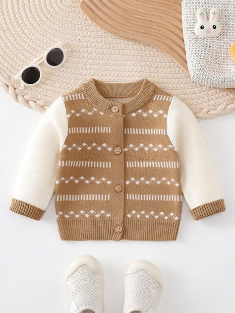 Khaki  Collar Long Sleeve Knitwear Geometric  Embellished Slight Stretch  Baby Boys Clothing Baby Boy Knitting Patterns Free, Boys Knitting Patterns Free, Boys Knit Sweaters, Crochet Sweater Design, Baby Boy Cardigan, Baby Cardigan Knitting Pattern Free, Kids Knitting Patterns, Boys Cardigans, Baby Boy Sweater