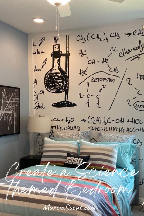 Bedroom with molecular formulas and beakers design on the wall, and various science based accessories. Room Decor For Medical Student, Chemistry Bedroom Ideas, Engineer Bedroom, Botany Themed Room, Biology Bedroom Decor, Science Aesthetic Room, Science Themed Nursery Ideas, Engineering Decor, Boys Science Bedroom