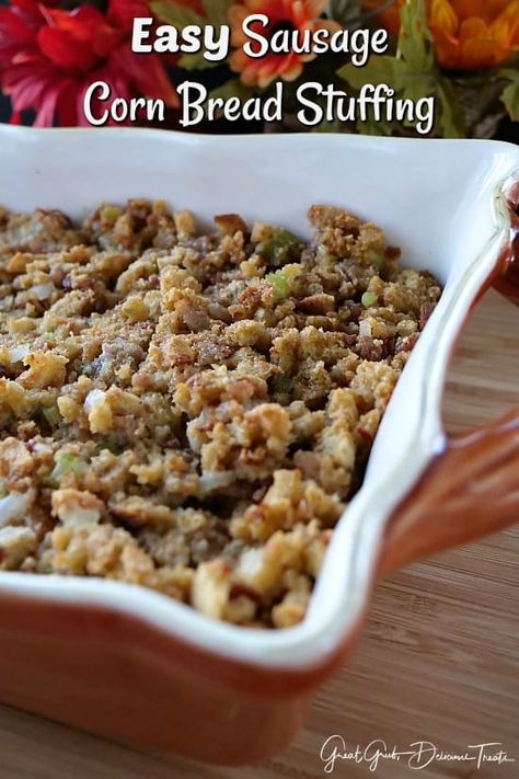 Easy Sausage Corn Bread Stuffing Corn Bread Stuffing, Sausage Cornbread, Thanksgiving Dinner For Two, Stuffing Thanksgiving, Cornbread Stuffing Recipes, Sausage Cornbread Stuffing, Sausage Stuffing Recipe, Dressing Recipes Thanksgiving, Bread Stuffing