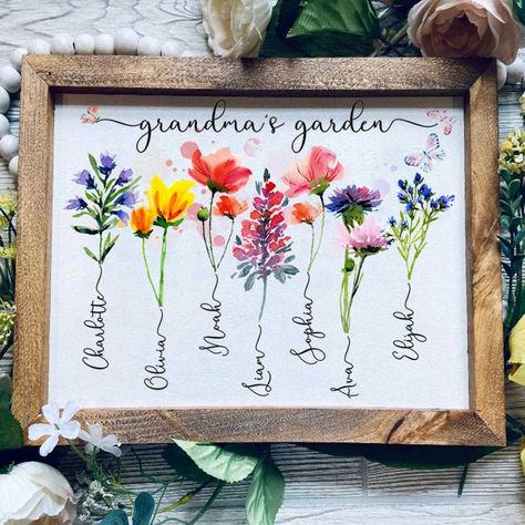 Grandmas Garden Sign, Flower Sign, Frame Sign, Grandma's Garden, Pressed Flower Crafts, Garden Frame, Grandmas Garden, Flower Gift Ideas, Garden Watercolor